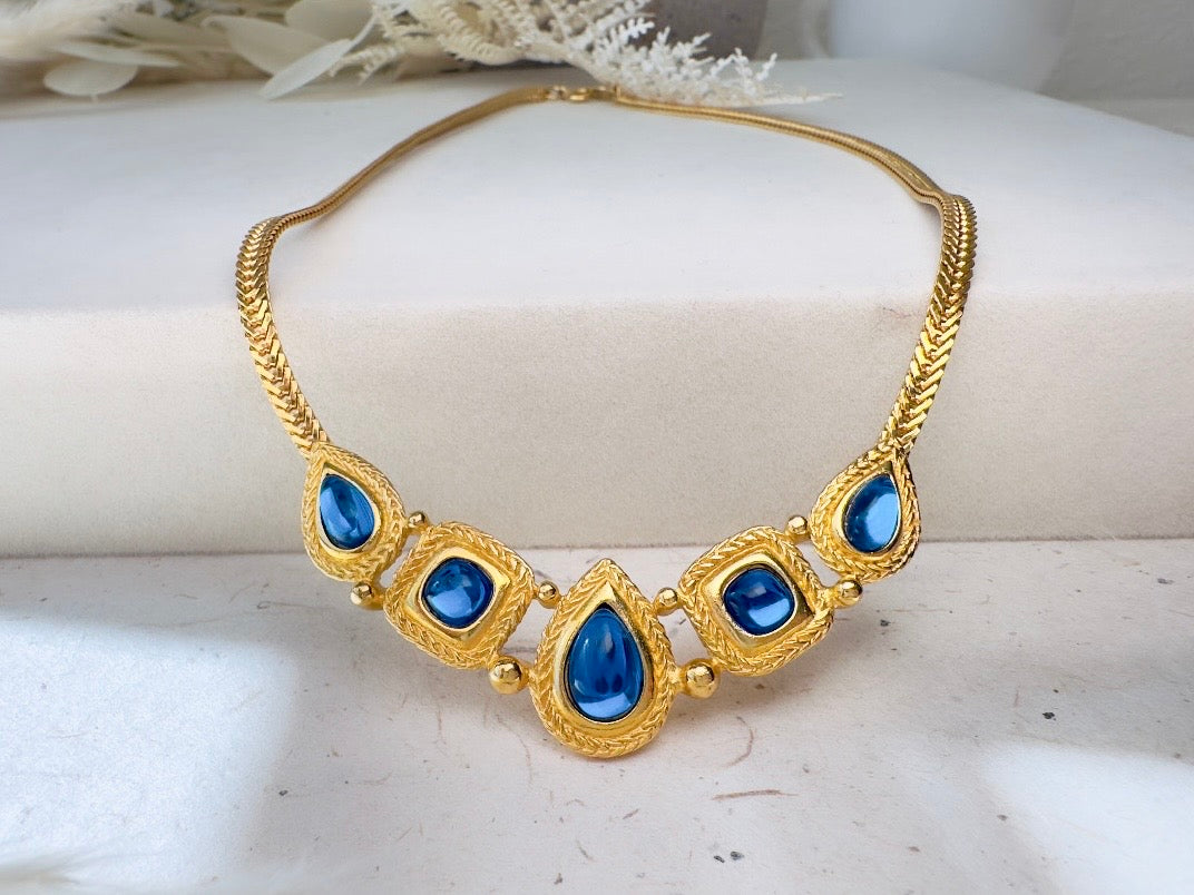 Trifari Gold Necklace with Glowing Cobalt Blue Cabochons, Gripoix Vintage Etruscan Satin Gold Herringbone Chain Collar Necklace
