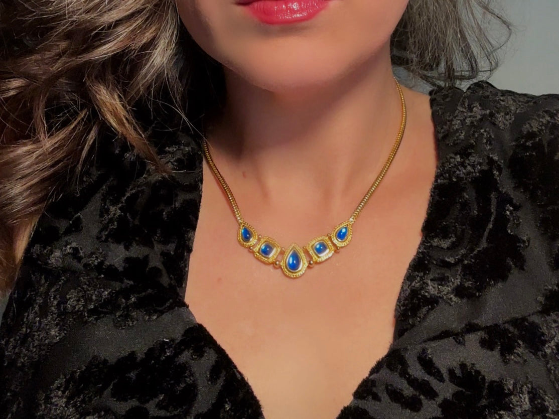 Trifari Gold Necklace with Glowing Cobalt Blue Cabochons, Gripoix Vintage Etruscan Satin Gold Herringbone Chain Collar Necklace