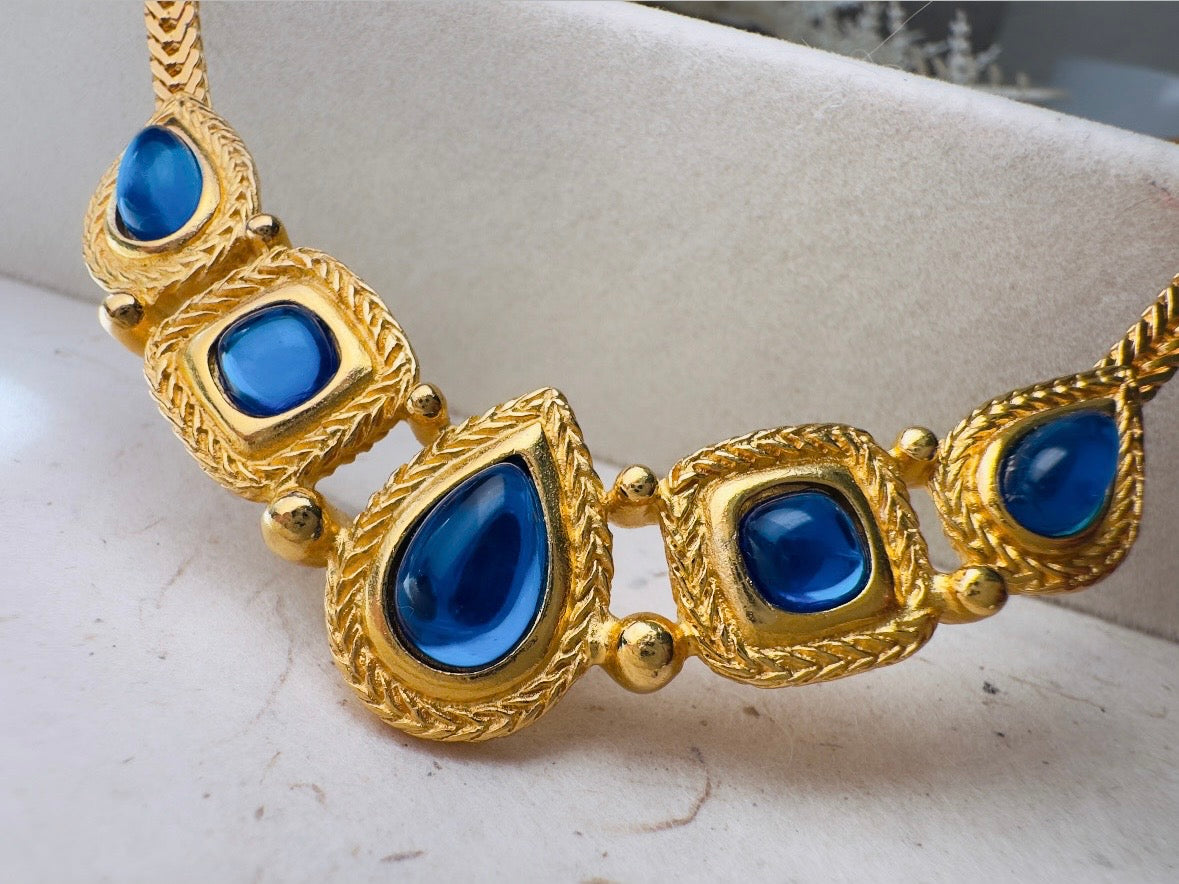 Trifari Gold Necklace with Glowing Cobalt Blue Cabochons, Gripoix Vintage Etruscan Satin Gold Herringbone Chain Collar Necklace