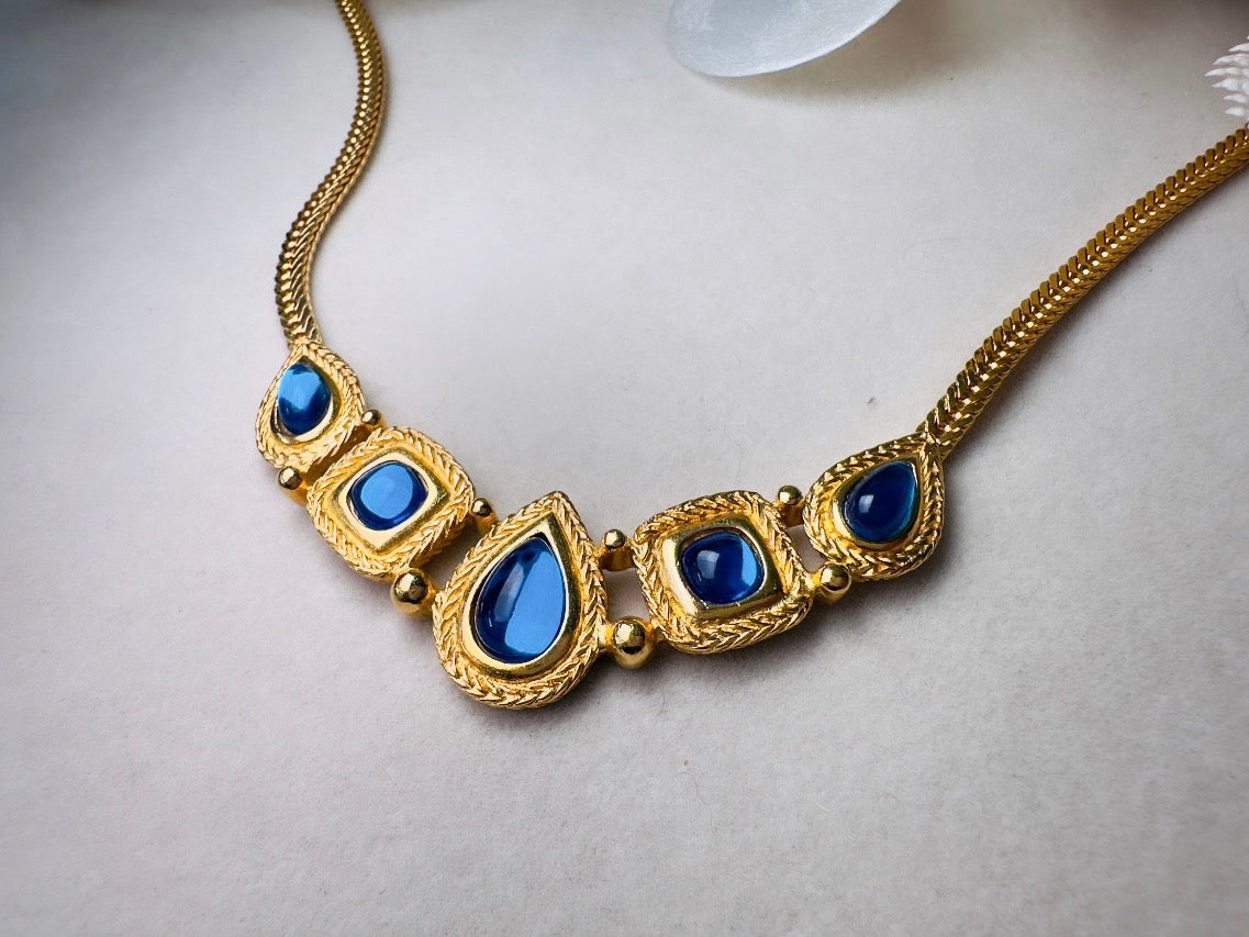 Trifari Gold Necklace with Glowing Cobalt Blue Cabochons, Gripoix Vintage Etruscan Satin Gold Herringbone Chain Collar Necklace