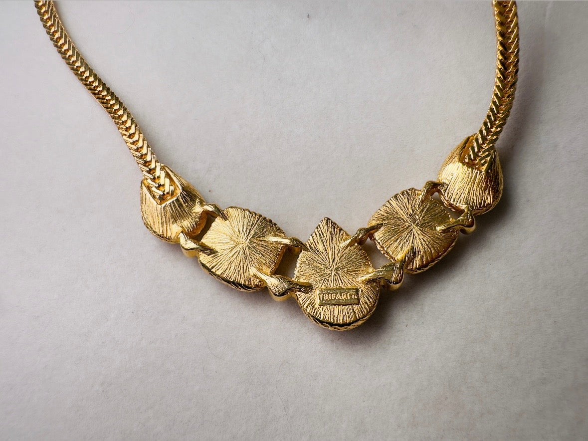 Trifari Gold Necklace with Glowing Cobalt Blue Cabochons, Gripoix Vintage Etruscan Satin Gold Herringbone Chain Collar Necklace