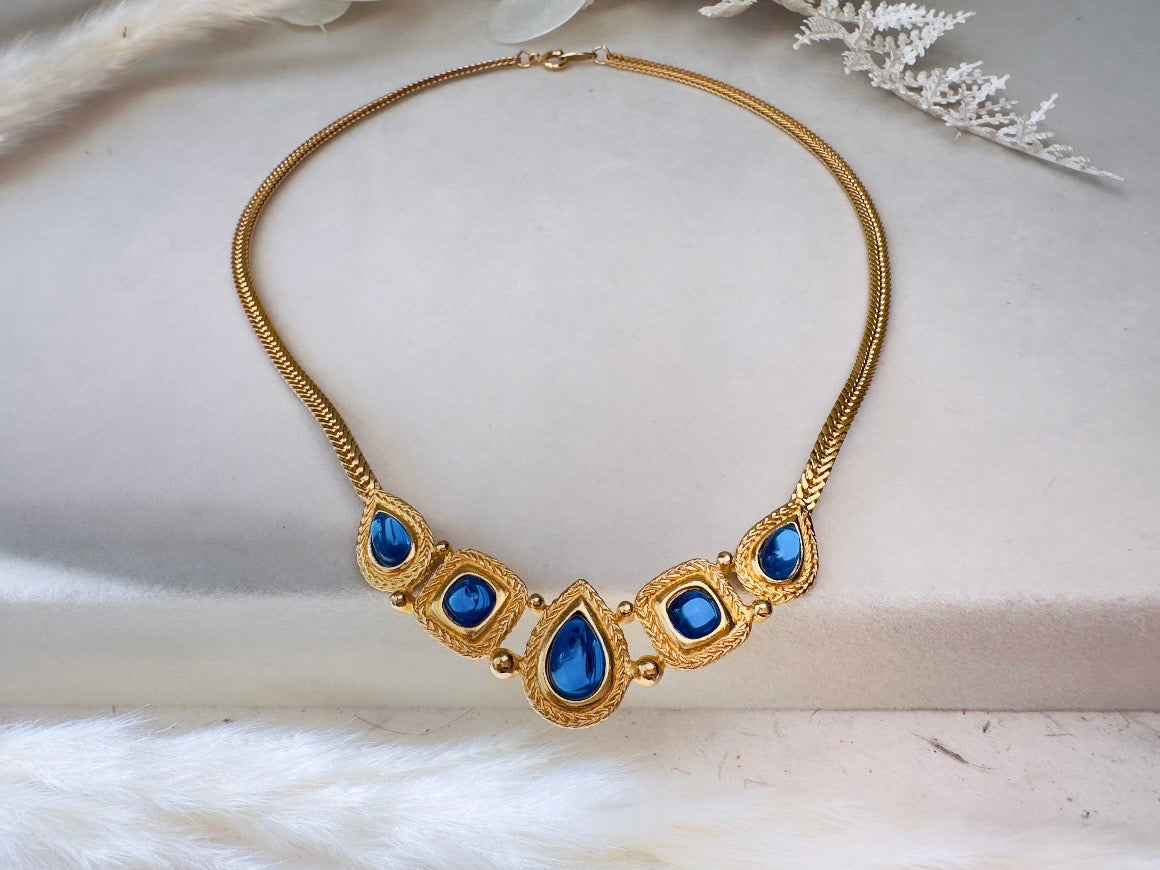 Trifari Gold Necklace with Glowing Cobalt Blue Cabochons, Gripoix Vintage Etruscan Satin Gold Herringbone Chain Collar Necklace