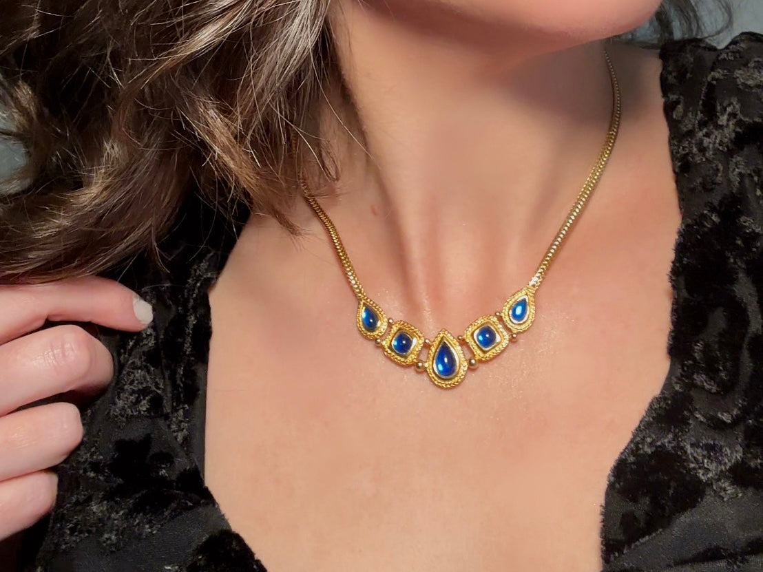 Trifari Gold Necklace with Glowing Cobalt Blue Cabochons, Gripoix Vintage Etruscan Satin Gold Herringbone Chain Collar Necklace
