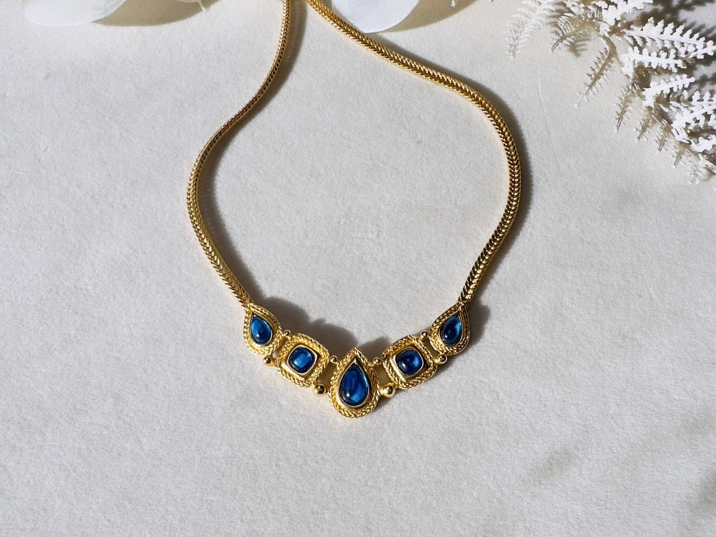 Trifari Gold Necklace with Glowing Cobalt Blue Cabochons, Gripoix Vintage Etruscan Satin Gold Herringbone Chain Collar Necklace