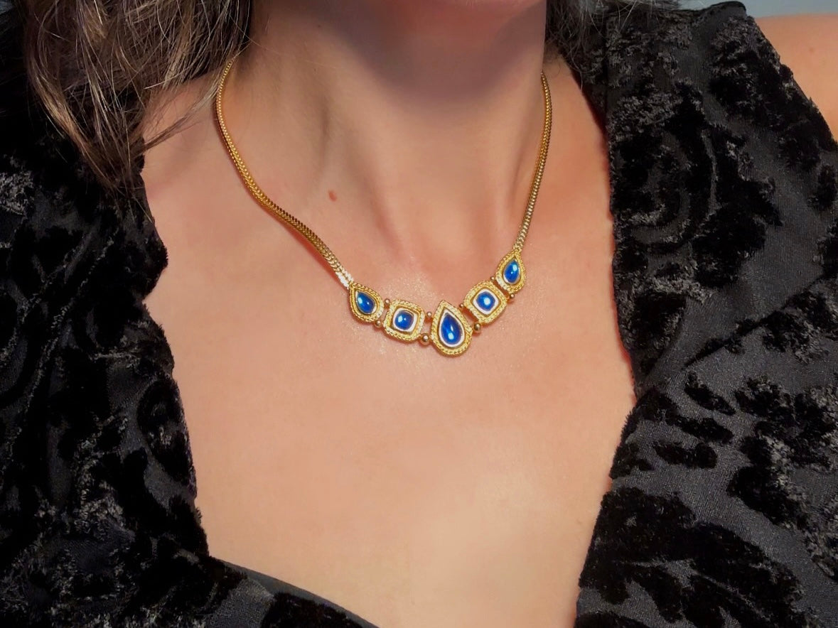 Trifari Gold Necklace with Glowing Cobalt Blue Cabochons, Gripoix Vintage Etruscan Satin Gold Herringbone Chain Collar Necklace