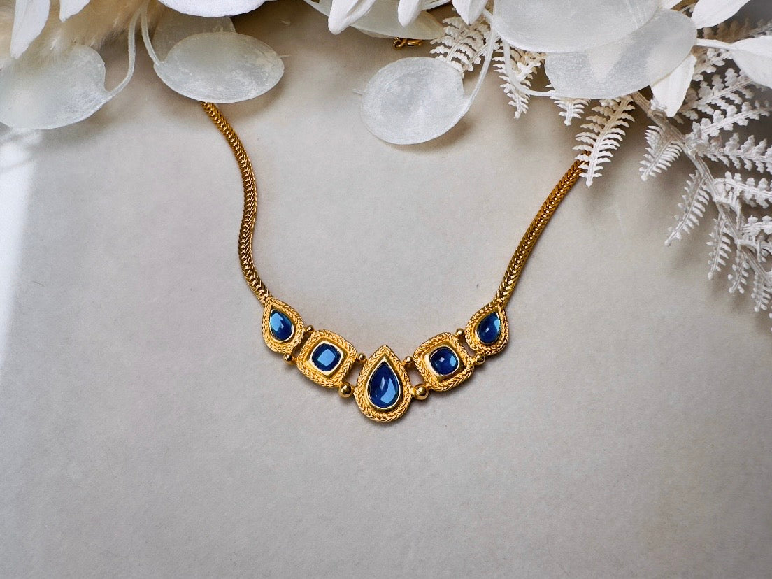 Trifari Gold Necklace with Glowing Cobalt Blue Cabochons, Gripoix Vintage Etruscan Satin Gold Herringbone Chain Collar Necklace