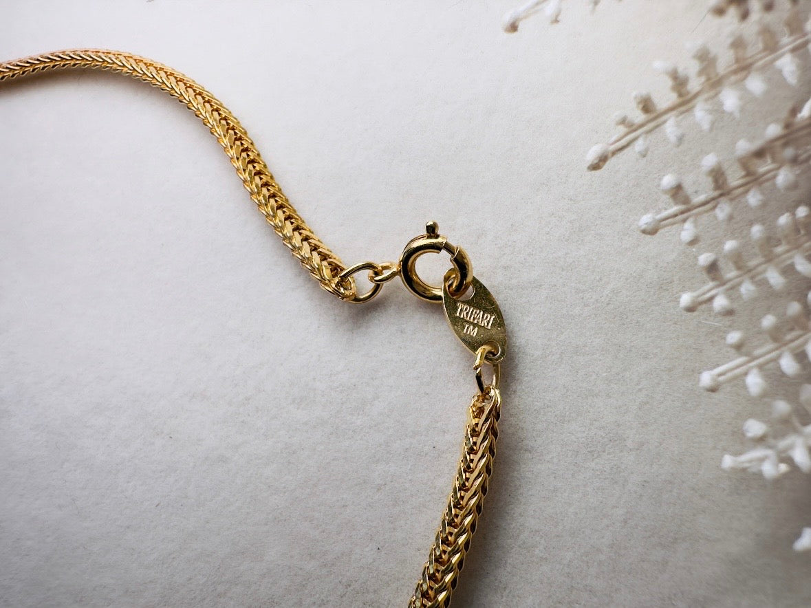 Trifari Gold Necklace with Glowing Cobalt Blue Cabochons, Gripoix Vintage Etruscan Satin Gold Herringbone Chain Collar Necklace
