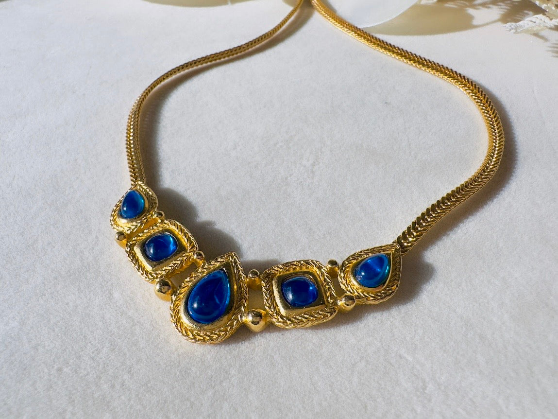 Trifari Gold Necklace with Glowing Cobalt Blue Cabochons, Gripoix Vintage Etruscan Satin Gold Herringbone Chain Collar Necklace