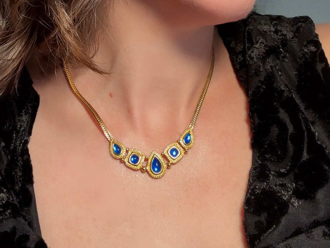 Trifari Gold Necklace with Glowing Cobalt Blue Cabochons, Gripoix Vintage Etruscan Satin Gold Herringbone Chain Collar Necklace