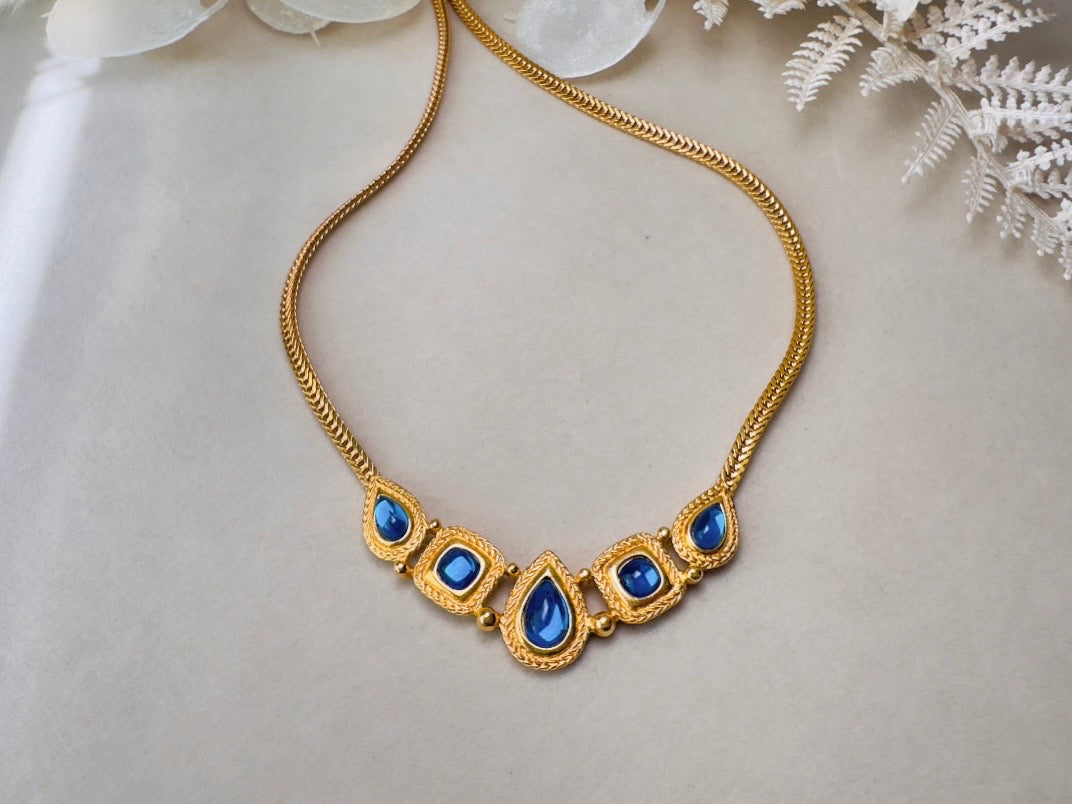 Trifari Gold Necklace with Glowing Cobalt Blue Cabochons, Gripoix Vintage Etruscan Satin Gold Herringbone Chain Collar Necklace