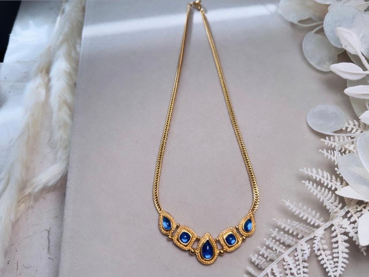 Trifari Gold Necklace with Glowing Cobalt Blue Cabochons, Gripoix Vintage Etruscan Satin Gold Herringbone Chain Collar Necklace
