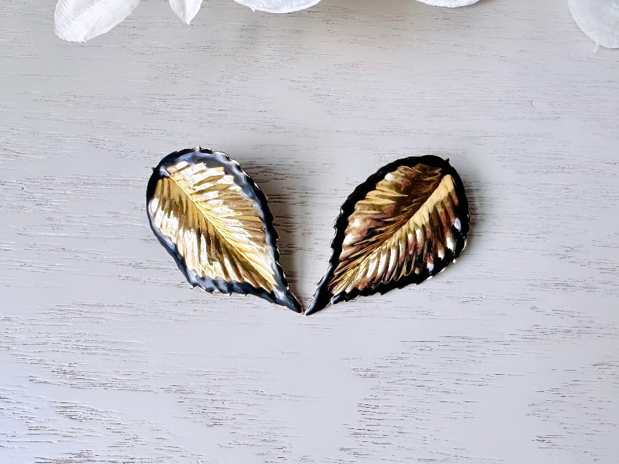 Vintage Gold Leaf Earrings with Black Enamel Tips, Gold Leaves Clip On Earrings, 1980s Statement Earring, Whimsical Clip-Ons for Non-Pierced from Piggle and Pop