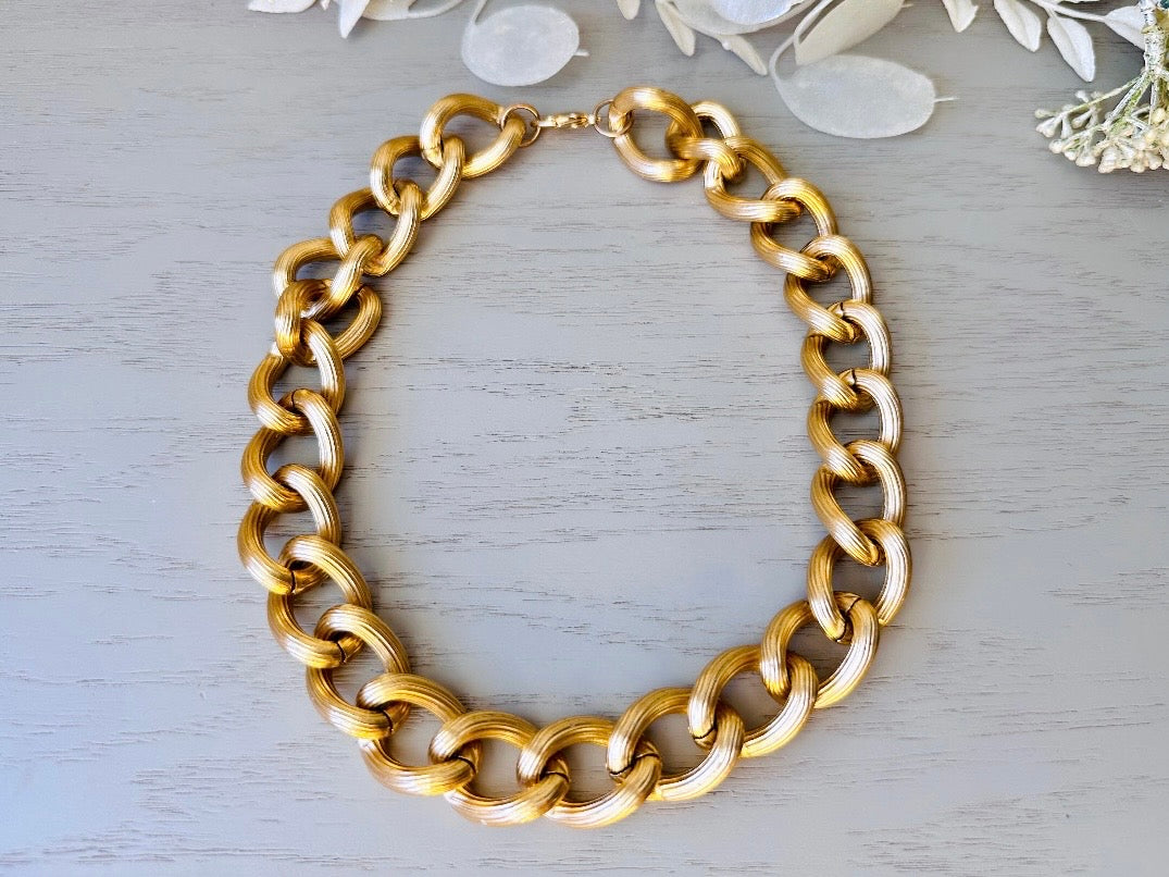 Chunky Gold Chain Necklace, Thick Gold Curb Link Vintage Necklace, 80s Gold Choker, High Fashion Runway Textured Gold Link Collar Necklace from Piggle and Pop