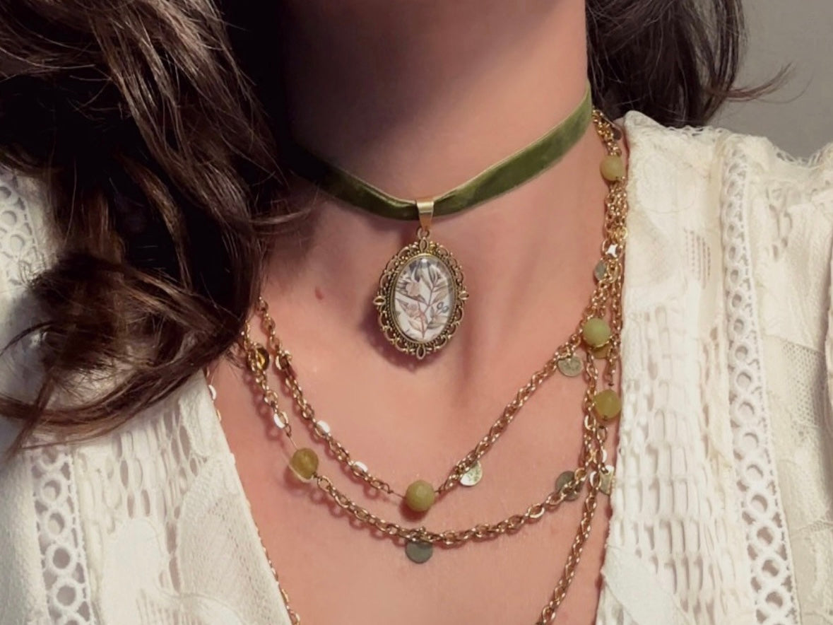 Velvet Choker Necklace with Handmade Flower Pendant, Thin Moss Green Victorian Ribbon Choker with Floral Cameo,