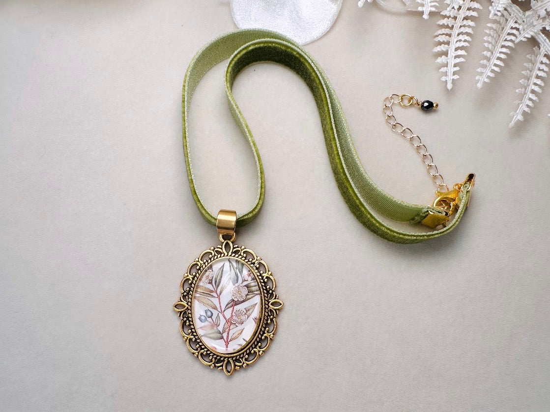 Velvet Choker Necklace with Handmade Flower Pendant, Thin Moss Green Victorian Ribbon Choker with Floral Cameo 
