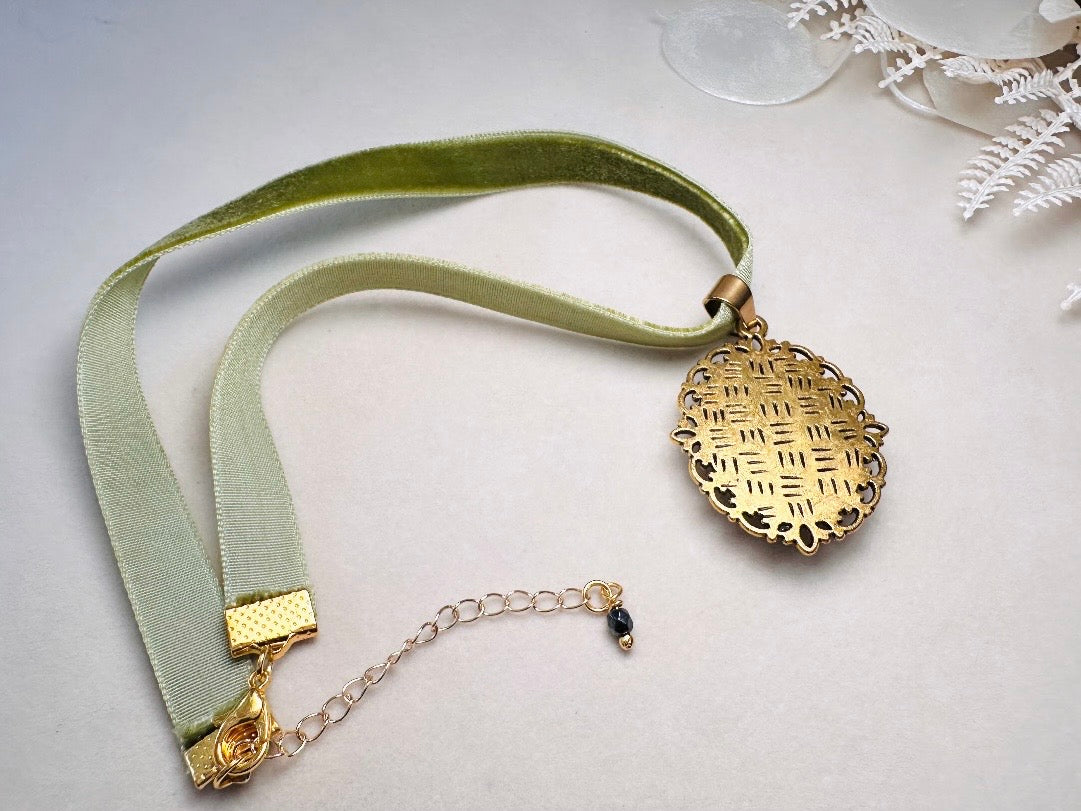 Velvet Choker Necklace with Handmade Flower Pendant, Thin Moss Green Victorian Ribbon Choker with Floral Cameo 