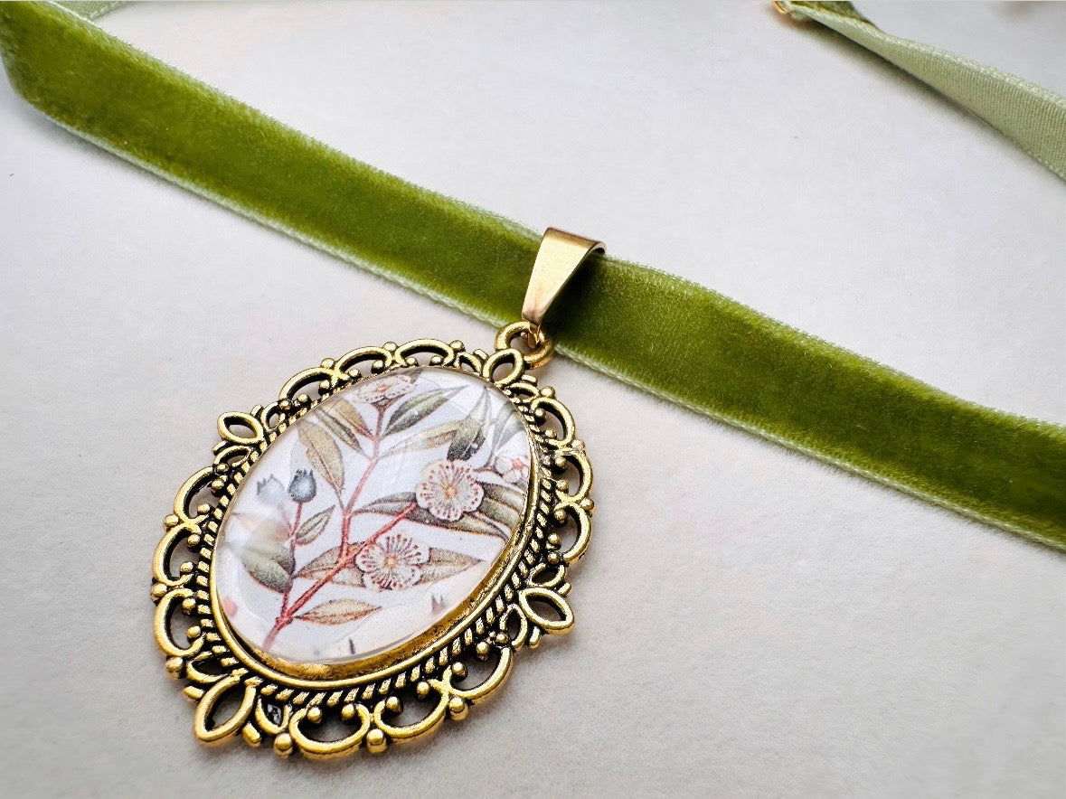 Velvet Choker Necklace with Handmade Flower Pendant, Thin Moss Green Victorian Ribbon Choker with Floral Cameo 