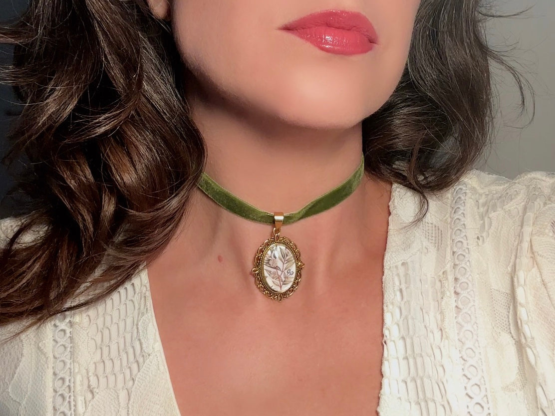 Velvet Choker Necklace with Handmade Flower Pendant, Thin Moss Green Victorian Ribbon Choker with Floral Cameo 