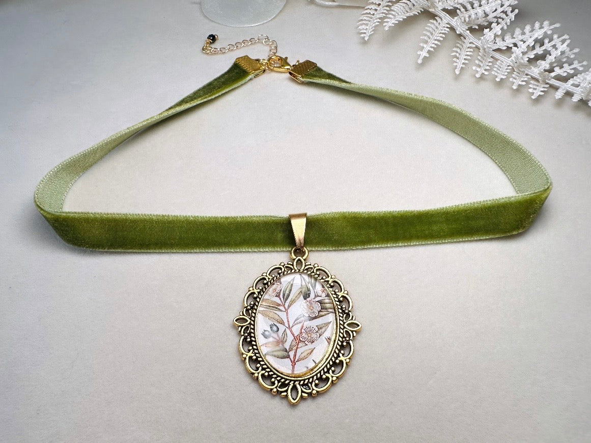 Velvet Choker Necklace with Handmade Flower Pendant, Thin Moss Green Victorian Ribbon Choker with Floral Cameo 