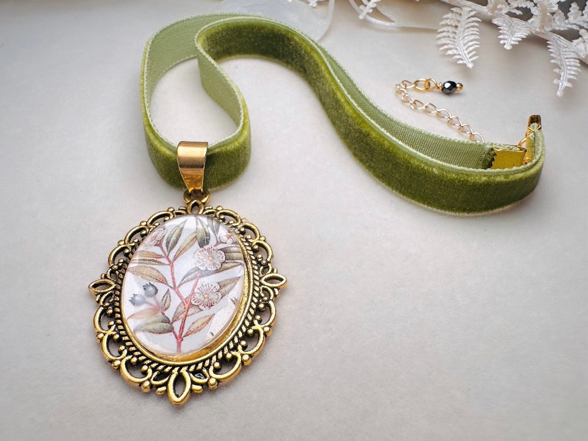 Velvet Choker Necklace with Handmade Flower Pendant, Thin Moss Green Victorian Ribbon Choker with Floral Cameo 