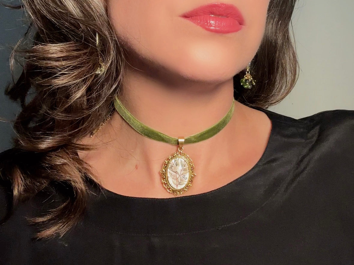 Velvet Choker Necklace with Handmade Flower Pendant, Thin Moss Green Victorian Ribbon Choker with Floral Cameo 