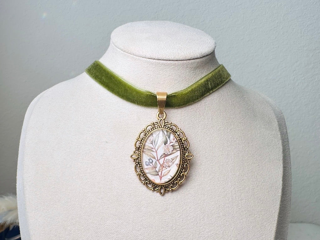 Velvet Choker Necklace with Handmade Flower Pendant, Thin Moss Green Victorian Ribbon Choker with Floral Cameo 