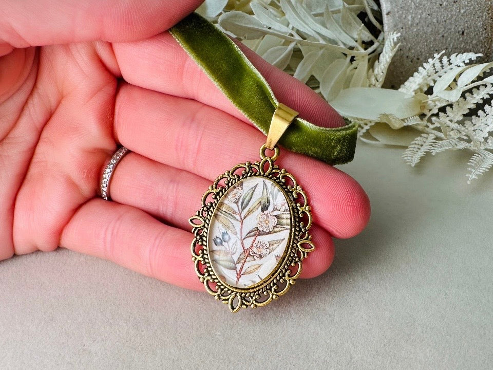 Velvet Choker Necklace with Handmade Flower Pendant, Thin Moss Green Victorian Ribbon Choker with Floral Cameo 