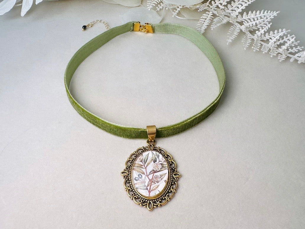Velvet Choker Necklace with Handmade Flower Pendant, Thin Moss Green Victorian Ribbon Choker with Floral Cameo 