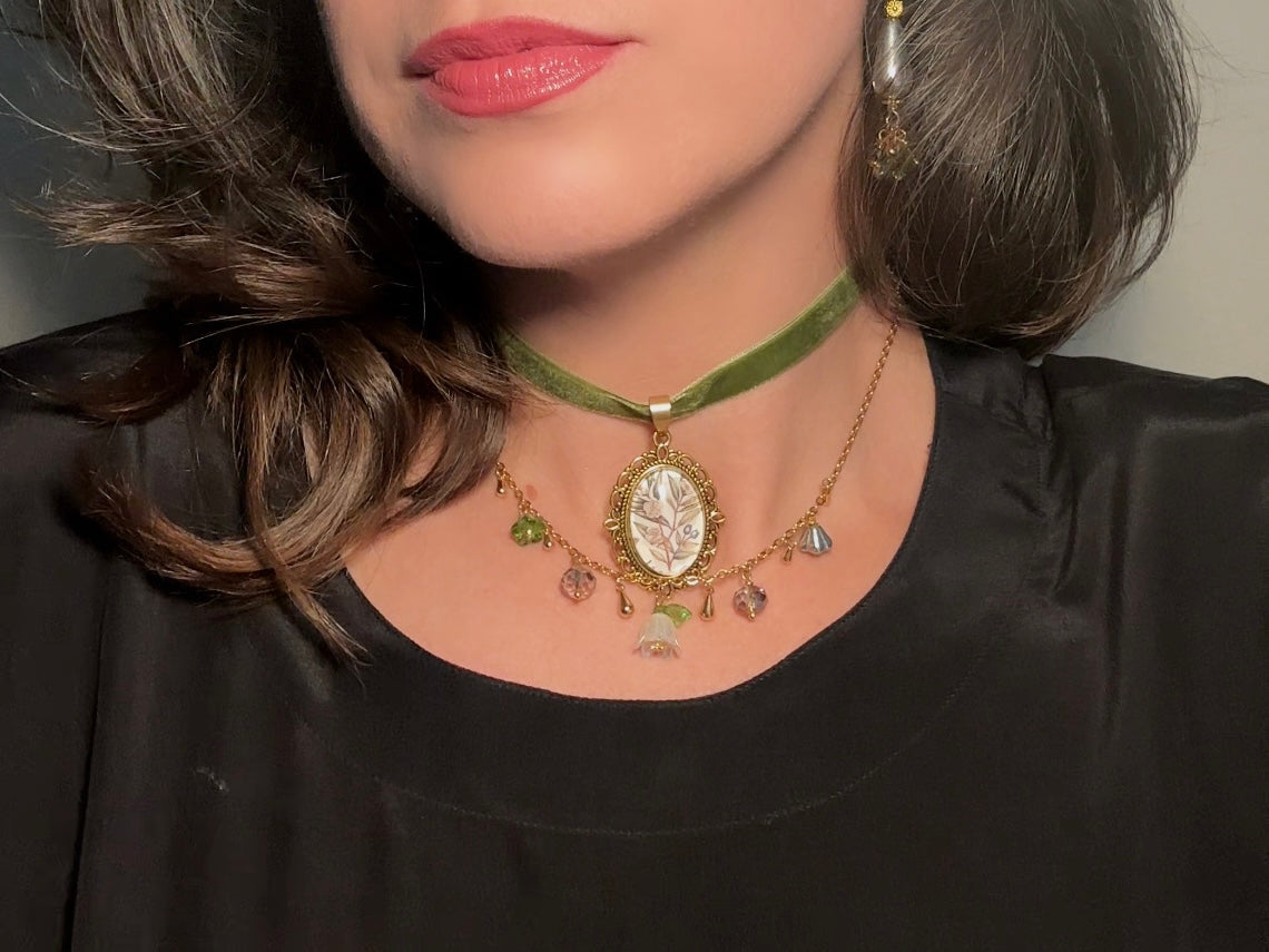 Velvet Choker Necklace with Handmade Flower Pendant, Thin Moss Green Victorian Ribbon Choker with Floral Cameo 