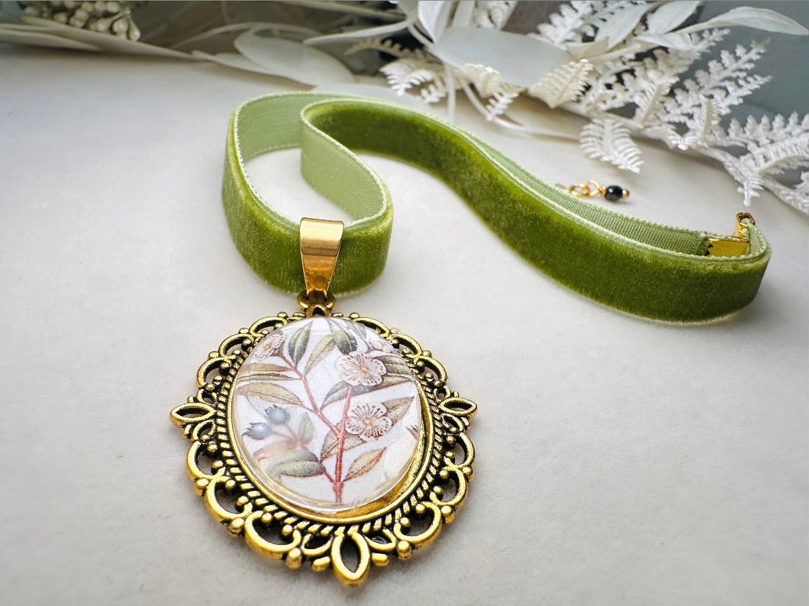 Velvet Choker Necklace with Handmade Flower Pendant, Thin Moss Green Victorian Ribbon Choker with Floral Cameo 
