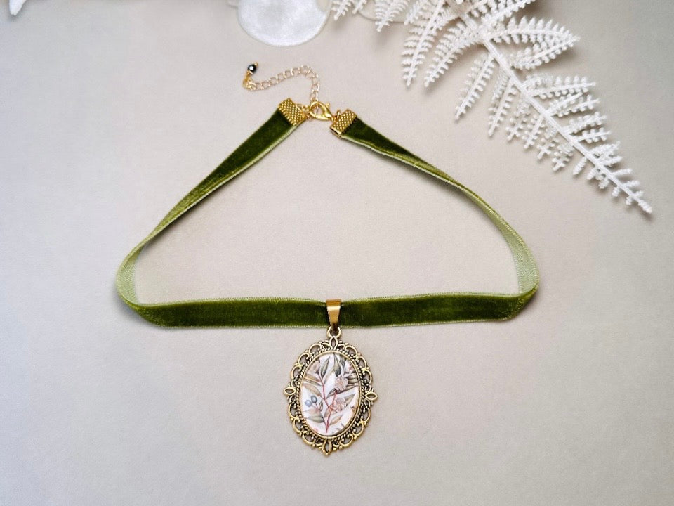 Velvet Choker Necklace with Handmade Flower Pendant, Thin Moss Green Victorian Ribbon Choker with Floral Cameo 