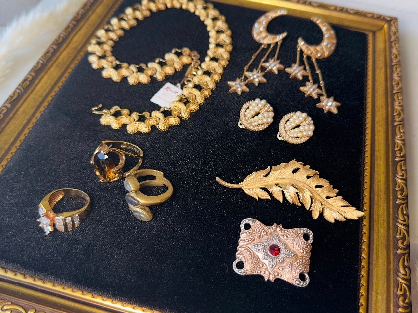 Velvet Jewelry Display Frame, Black and Gold Large Handmade Victorian Style Mood Pinboard