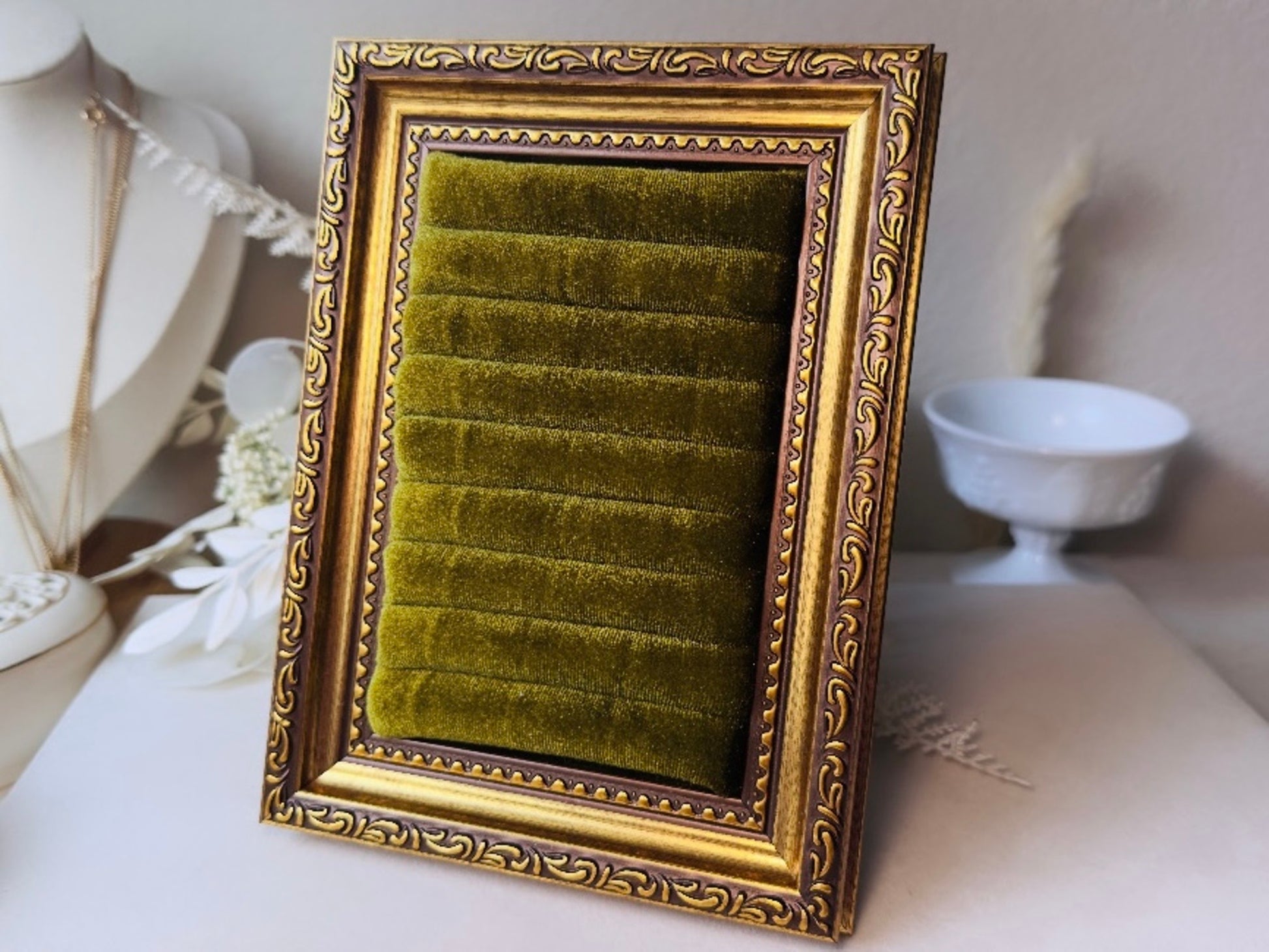 Velvet Jewelry Display Frame, Handmade Victorian Style Olive Green Ring Holder