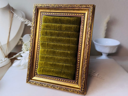 Velvet Jewelry Display Frame, Handmade Victorian Style Olive Green Ring Holder