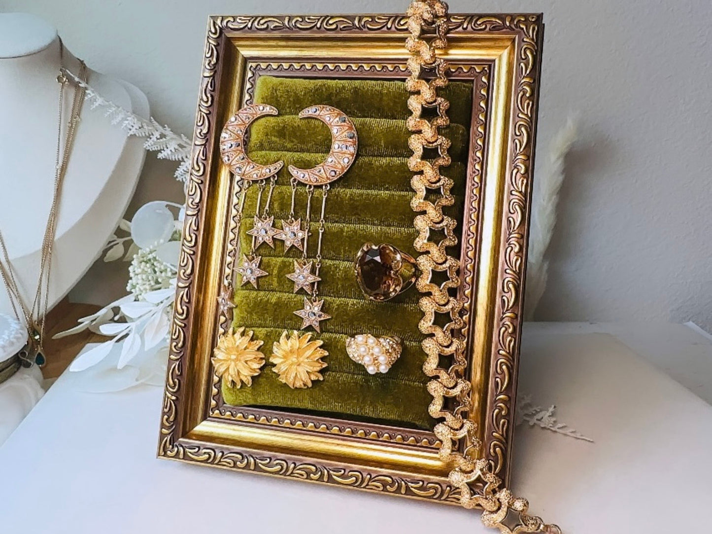 Velvet Jewelry Display Frame, Handmade Victorian Style Olive Green Ring Holder