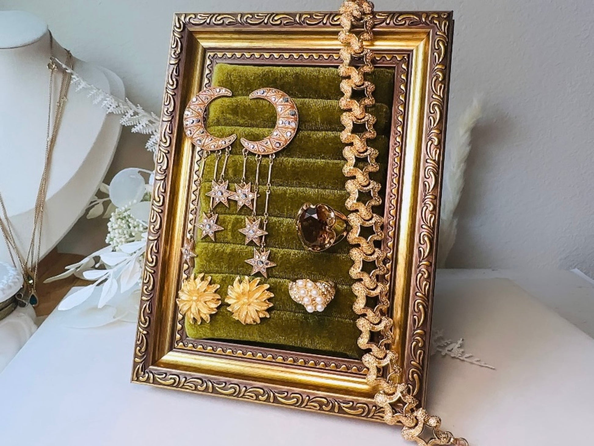 Velvet Jewelry Display Frame, Handmade Victorian Style Olive Green Ring Holder