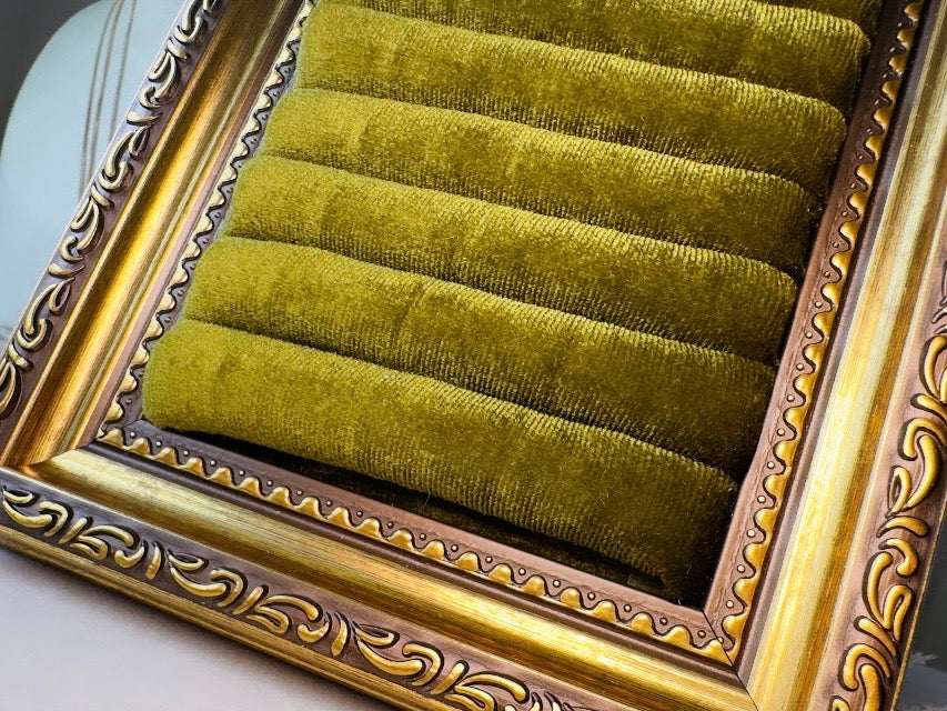 Velvet Jewelry Display Frame, Handmade Victorian Style Olive Green Ring Holder