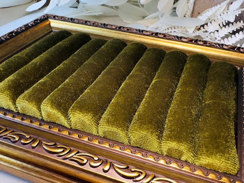 Velvet Jewelry Display Frame, Handmade Victorian Style Olive Green Ring Holder