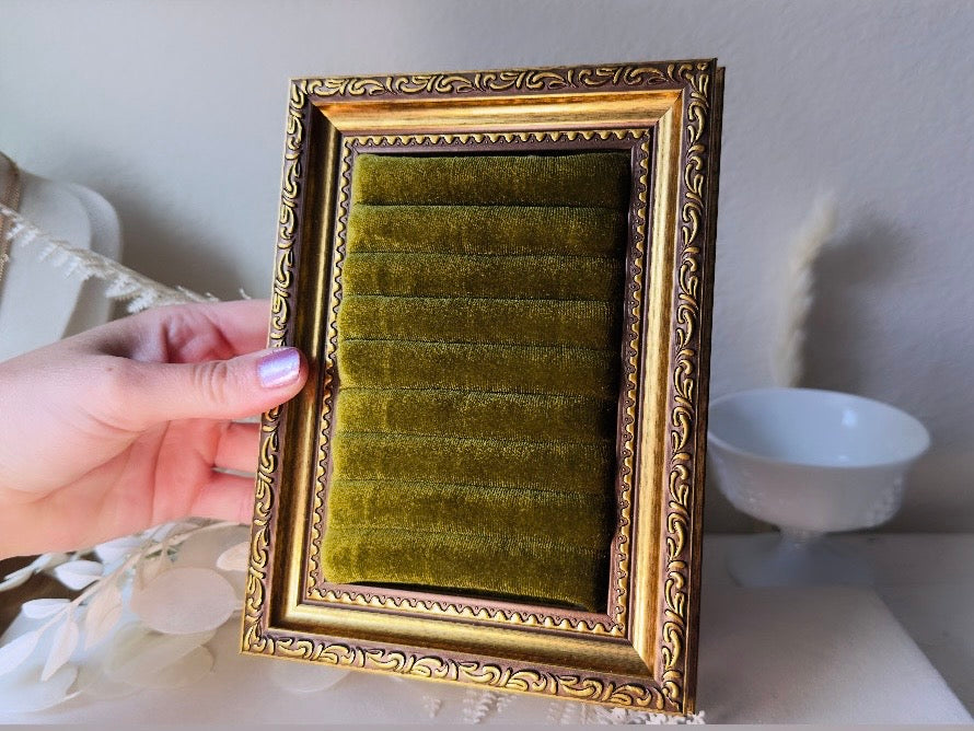 Velvet Jewelry Display Frame, Handmade Victorian Style Olive Green Ring Holder