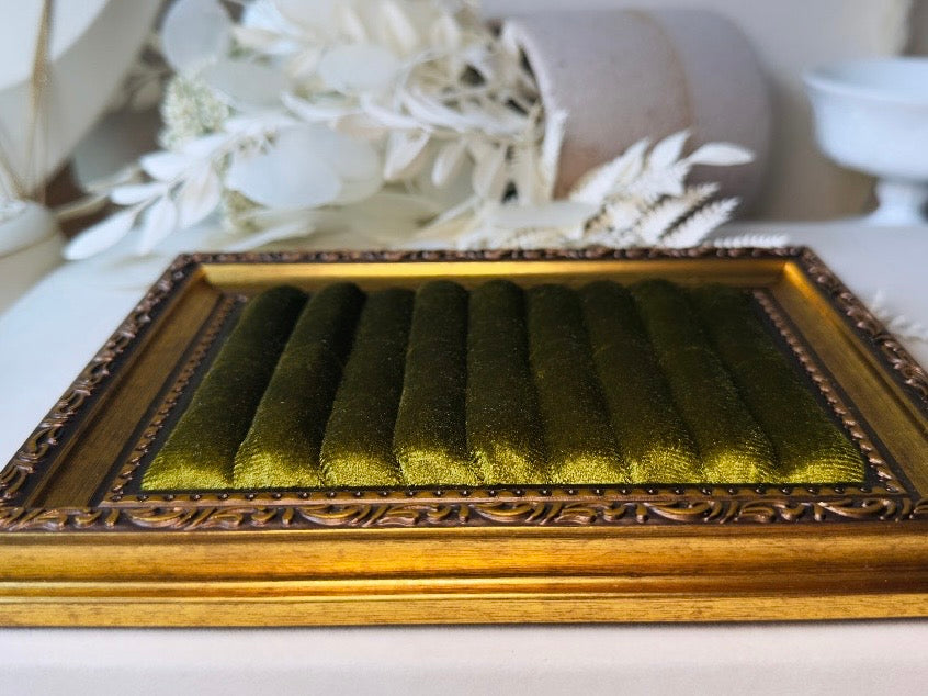 Velvet Jewelry Display Frame, Handmade Victorian Style Olive Green Ring Holder