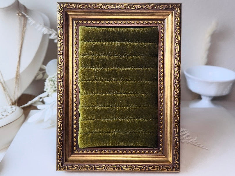 Velvet Jewelry Display Frame, Handmade Victorian Style Olive Green Ring Holder