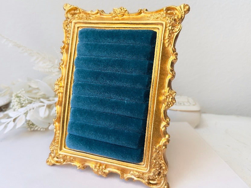 Velvet Jewelry Display Frame, Handmade Victorian Style Peacock Blue Ring Holder