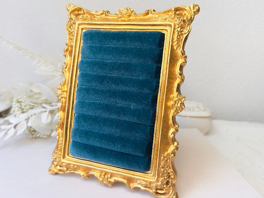 Velvet Jewelry Display Frame, Handmade Victorian Style Peacock Blue Ring Holder
