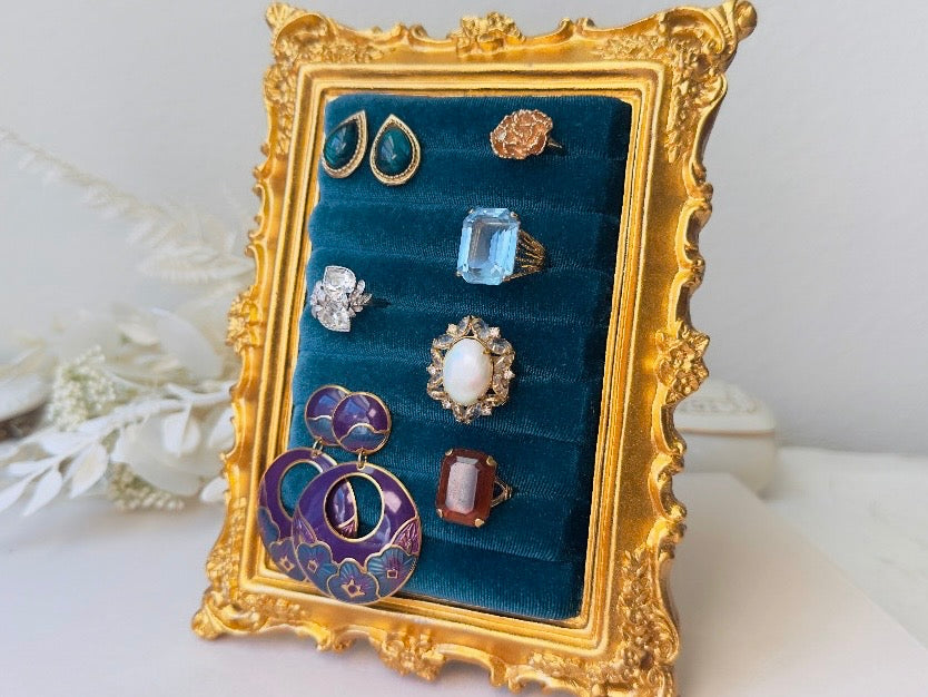 Velvet Jewelry Display Frame, Handmade Victorian Style Peacock Blue Ring Holder