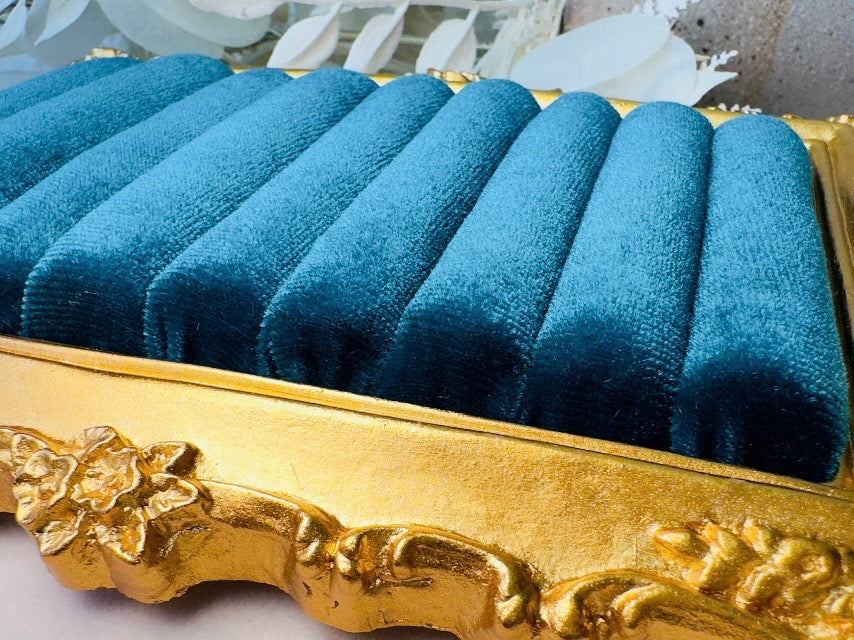Velvet Jewelry Display Frame, Handmade Victorian Style Peacock Blue Ring Holder
