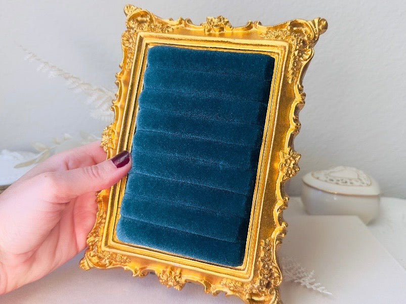 Velvet Jewelry Display Frame, Handmade Victorian Style Peacock Blue Ring Holder