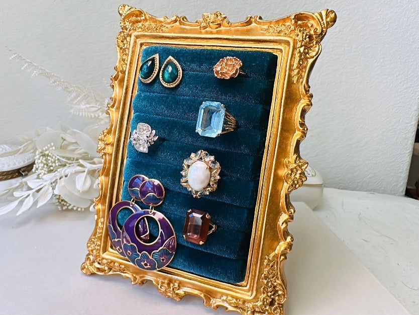 Velvet Jewelry Display Frame, Handmade Victorian Style Peacock Blue Ring Holder