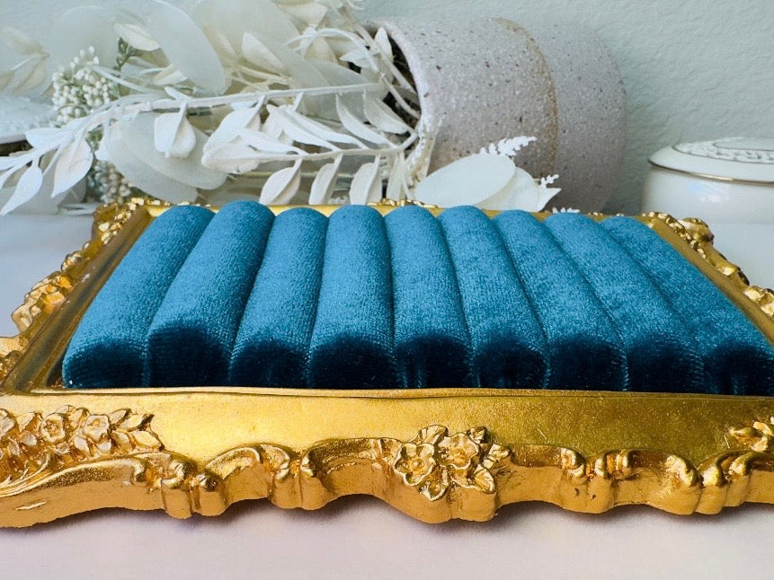 Velvet Jewelry Display Frame, Handmade Victorian Style Peacock Blue Ring Holder