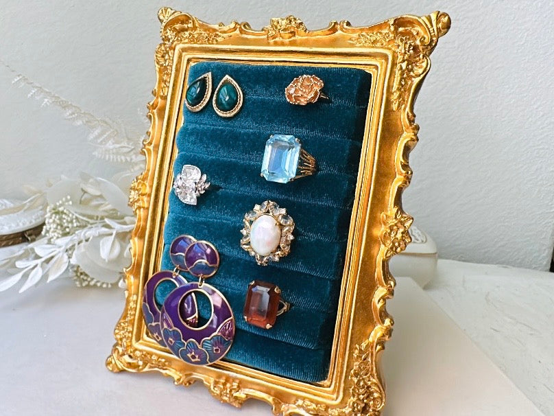Velvet Jewelry Display Frame, Handmade Victorian Style Peacock Blue Ring Holder