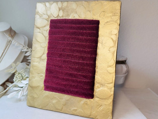 Velvet Jewelry Organizer, Handmade Framed Earring Display, OOAK Victorian Style Wine Red Ring Holder